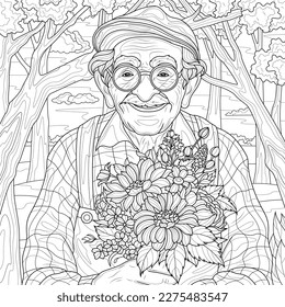 Elderly man with a bouquet of flowers.Coloring book antistress for children and adults. Illustration isolated on white background.Zen-tangle style. Hand draw