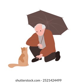 Homem idoso com guarda-chuva marrom ajoelhado ao lado de rua gato vetor ilustração