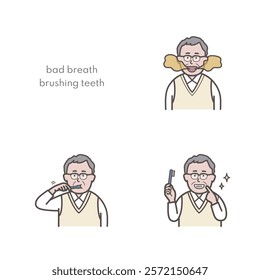 Elderly man brushing teeth illustration set