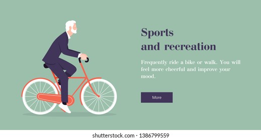 An elderly man in a business suit riding a bicycle. Web site template. Vector flat illustration