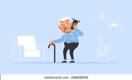 Elderly man calling on the phone in the room vector illustration