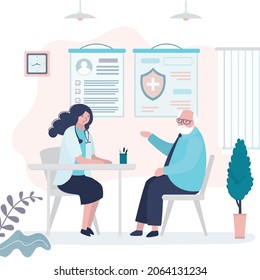 Elderly man came to consult doctor. Medical office interior. Grandfather at doctor's appointment at clinic. Old patient came to hospital for examination. Diagnosis of diseases. Vector illustration