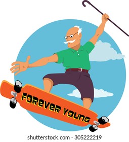 Elderly man with a can riding a longboard or skateboard, vector cartoon, no transparencies, EPS 8