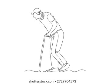 Un hombre mayor con un bastón, es difícil caminar con una muleta, un bastón, abstracto continuo de una sola línea de arte dibujo a mano logotipo de dibujo sobre fondo blanco