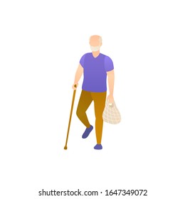 An elderly man with a cane, flat vector illustration. Old man walking down the street and limps leaning on the crutch. Grandfather pensioner with physical disabilities on a isolated white background.