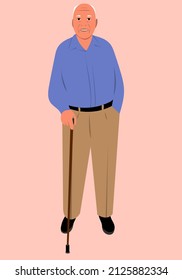 Elderly man with a cane in his hands. An old man. Retiree. Vector flat illustration.