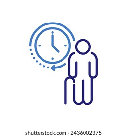 elderly man with cane and life timeline clock icon, vector thin line illustration for aging process, lifespan journey, and time management concept