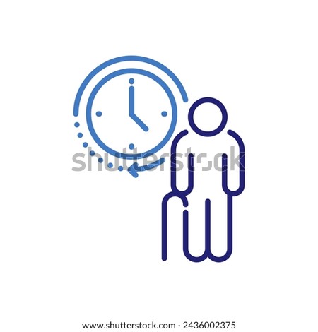 elderly man with cane and life timeline clock icon, vector thin line illustration for aging process, lifespan journey, and time management concept