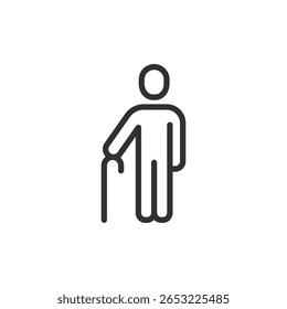 Elderly man with cane, linear icon. Symbol of senior care, old age, retirement, and support. Editable stroke.