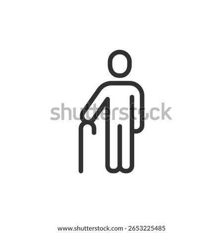 Elderly man with cane, linear icon. Symbol of senior care, old age, retirement, and support. Editable stroke.