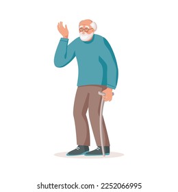 Elderly man with cane. Old man  standing and smiling together. Grandfather vector illustration. Design for poster, landing, infographic