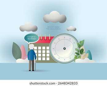 Homem idoso com uma bengala ponderando dia ou noite, representando sintomas relacionados ao tempo da doença de alzheimer, cercado por um grande relógio e calendário simbolizando desorientação