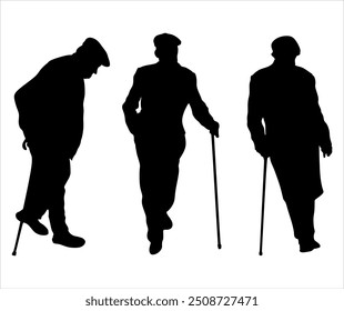 Elderly man with cane silhouette set. Silhouettes of an elderly man walking with a cane vector. Vector illustration drawn without artificial intelligence.