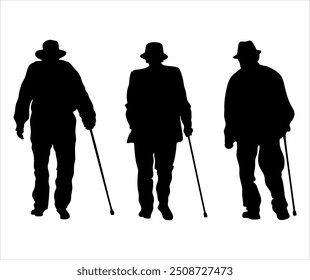 Elderly man with cane silhouette set. Silhouettes of an elderly man walking with a cane vector. Vector illustration drawn without artificial intelligence.