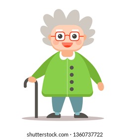 elderly man with a cane standing in full growth on a white background. cute grandma character. vector illustration
