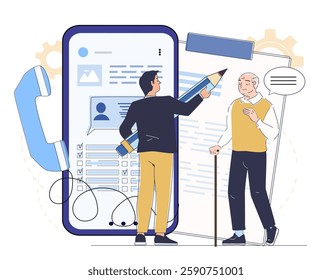 Elderly man with cane talking to a person filling out an online form on a smartphone. Flat style on a white background. Concept of digital assistance. Vector illustration