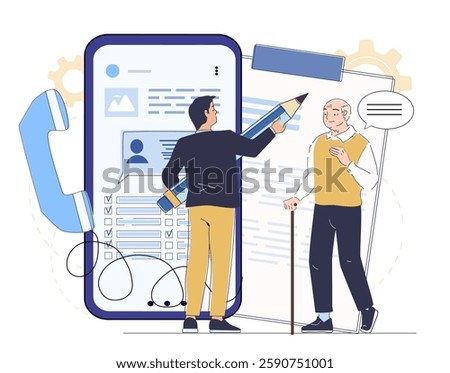 Elderly man with cane talking to a person filling out an online form on a smartphone. Flat style on a white background. Concept of digital assistance. Vector illustration