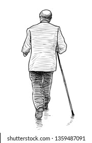 An elderly man with a cane walks down the street