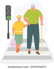 Elderly man with cane and young boy crossing street, green traffic light. Road safety, family care, and assistance concept vector illustration.
