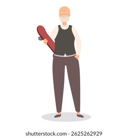 Elderly man in casual clothing is holding a red skateboard