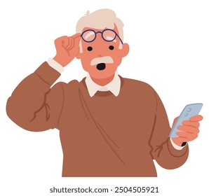 Anciano Con Un Traje Casual Mirando Sorprendido Mientras Sostiene Un Teléfono Inteligente. El Personaje Masculino Senior Está Ajustando Sus Gafas, Destacando Un Momento De Shock O Incredulidad. Ilustración vectorial de dibujos animados