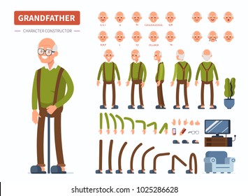 
Elderly man character constructor for animation. Front, side and back view. Flat  cartoon style vector illustration isolated on white background.  