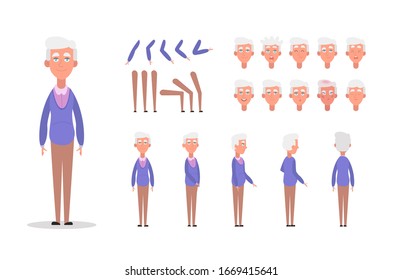Elderly man character constructor for animation with various views, poses, gestures, hairstyles and emotions. Cartoon old man, grandpa parts of body ready to use poses. Vector illustration