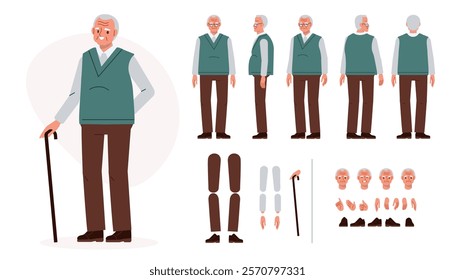 Elderly man character constructor for animation. Front, side and back view set. Body parts, postures, poses collection. Vector illustration.