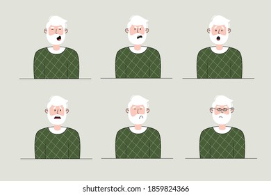  Elderly man character creation set . Elderly man face with different expressions. Cartoon style, flat vector illustration on white background