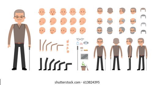 Elderly Man Character Creation Set. The Old Man Retired. Icons With Different Types Of Faces And Hair Style, Emotions, Front, Rear Side View Of Male Person. Moving Arms, Legs Vector Flat Illustration