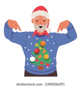 Elderly Man Character Dons A Festive Christmas Sweater with Decorated Pine Tree Pattern, And Santa Hat, Radiating Holiday Cheer And Warmth With A Twinkle In His Eye. Cartoon People Vector Illustration