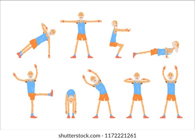 Elderly man character exercising set, healthy active lifestyle retiree, elder fitness vector Illustrations