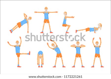 Elderly man character exercising set, healthy active lifestyle retiree, elder fitness vector Illustrations