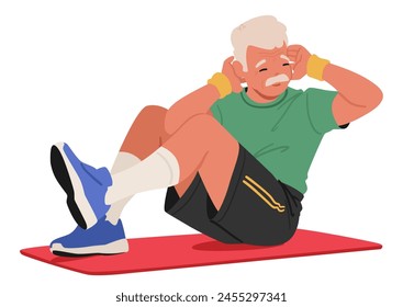 Elderly Man Character Is Happily Sitting On A Yoga Mat, Doing Arm Exercises And Stretching His Knee, Weathered Face Serene, Eyes Closed In Peaceful Concentration. Cartoon People Vector Illustration