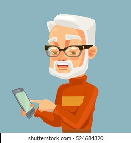 Elderly man character looking on smartphone and typing massage. Modern technologies. Vector flat cartoon illustration