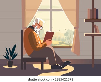 Elderly Man Character Reading Book On Chair With Bookshelves, Curtains And Nature Landscape Through Window.