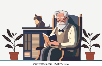 Elderly Man Character Reading Book On Chair, Plant Pots And Cat Sitting At Bookshelves Illustration.
