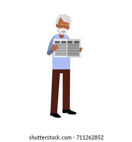 Elderly man character standing and reading a newspaper colorful vector Illustration