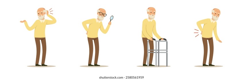 Elderly Man Character Suffer from Ache in Different Body Part Vector Set