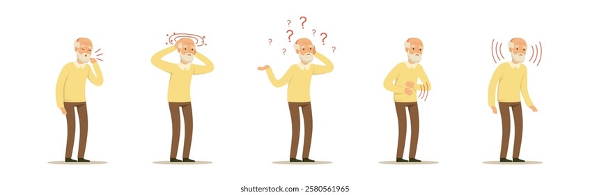 Elderly Man Character Suffer from Ache in Different Body Part Vector Set