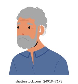 Elderly Man Character Wearing A Hearing Aid, Highlights Issues Related To Hearing Loss, Senior Health, And The Use Of Assistive Devices To Improve Quality Of Life. Cartoon People Vector Illustration