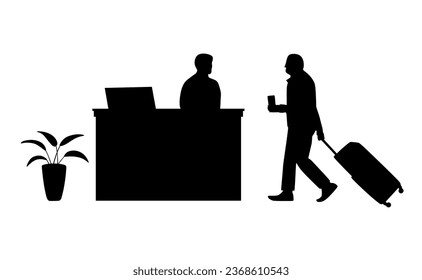 “SHOTLISTtravel”. A elderly man check in or check out at the hotel reception. Elderly man, senior with suitcase, travel, reception, tourist. 