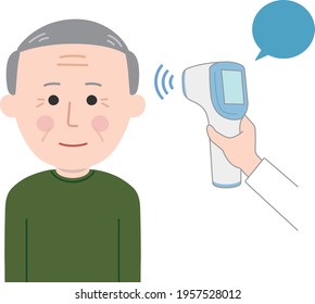 The elderly man is checked for his temperature using a non-contact thermometer for coronavirus. Vector illustration isolated on white background.