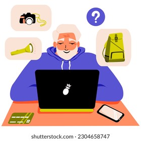 Elderly man chooses products online for hiking. Internet shopping at computer. Ordering goods, paying for purchase with credit card on the website. Old man with laptop sitting at desk. Vector.