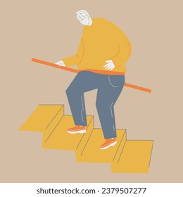 An elderly man climbs the stairs holding on to the handrail.