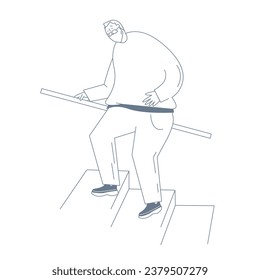 An elderly man climbs the stairs holding on to the handrail.