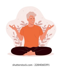 Elderly man with closed eyes meditating in yoga lotus posture. Stress Awareness Month. The concept of zen and harmony. Mental Health Awareness Month.