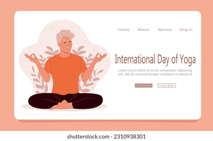 Elderly man with closed eyes meditating in yoga lotus posture. International Day of Yoga. Web page template. Stress Awareness Month. Mental Health Awareness Month.