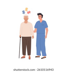 Elderly man with cognitive decline and memory impairment supported by a male nurse. Alzheimer disease and dementia symptoms. Senior healthcare and caregiving. Vector illustration on white background.