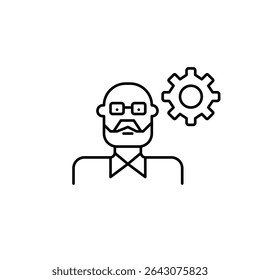 Elderly man and cogwheel. Accessibility settings, senior user preferences, simplified configuration, personalized system setup, age-friendly interface. Pixel perfect, editable stroke vector icon